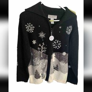 Heirloom Collectibles Christmas Sweater M Black Embellished  Snowflakes Zip Up